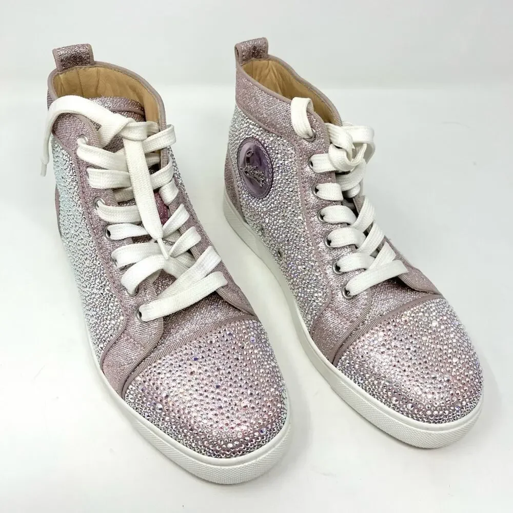 Christian Louboutin Louis Strass High Top Sneakers Size 38.5 US 8.5 Pink Crystal